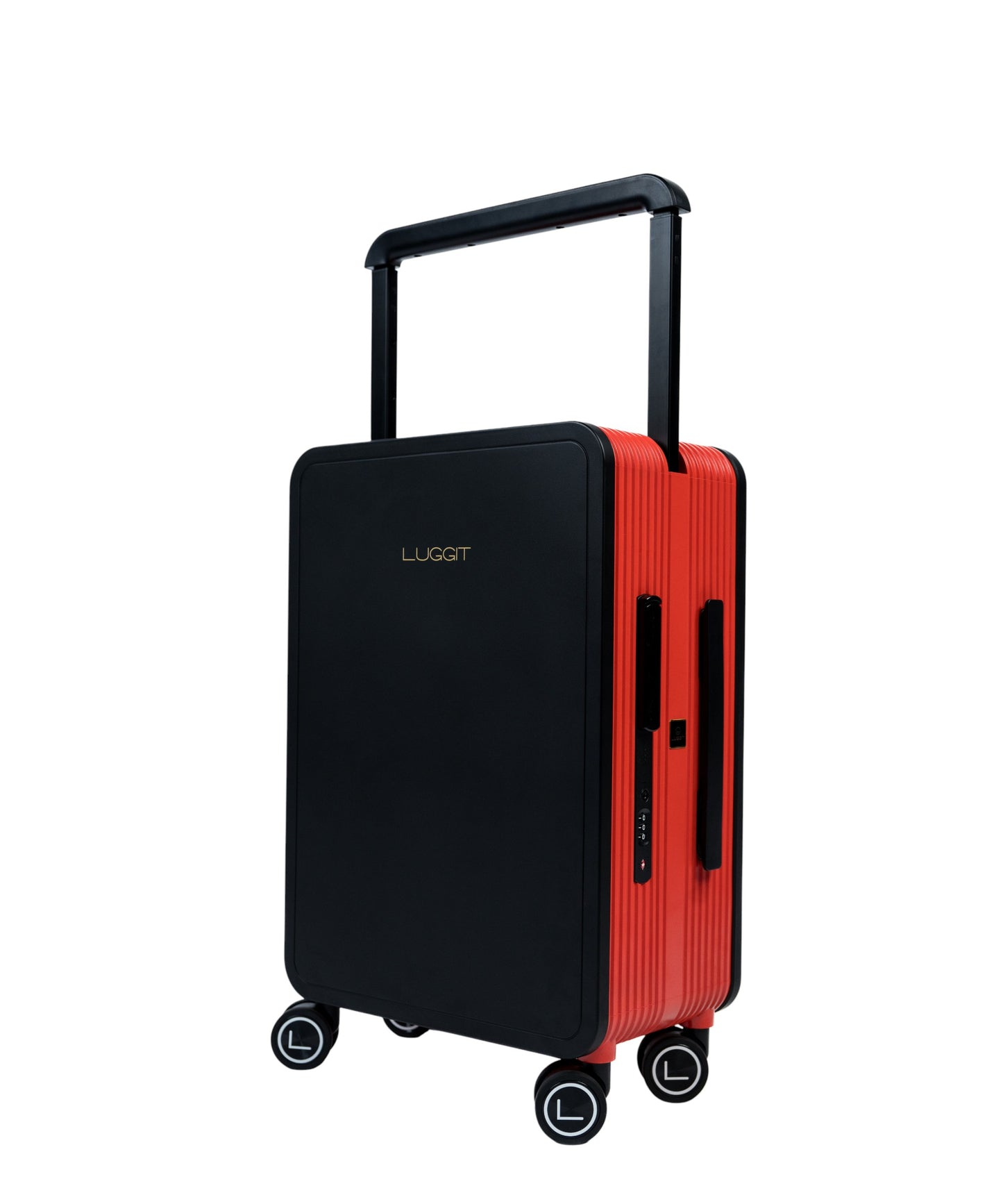 Black and red suitcase with 'LUGG' branding on a white background