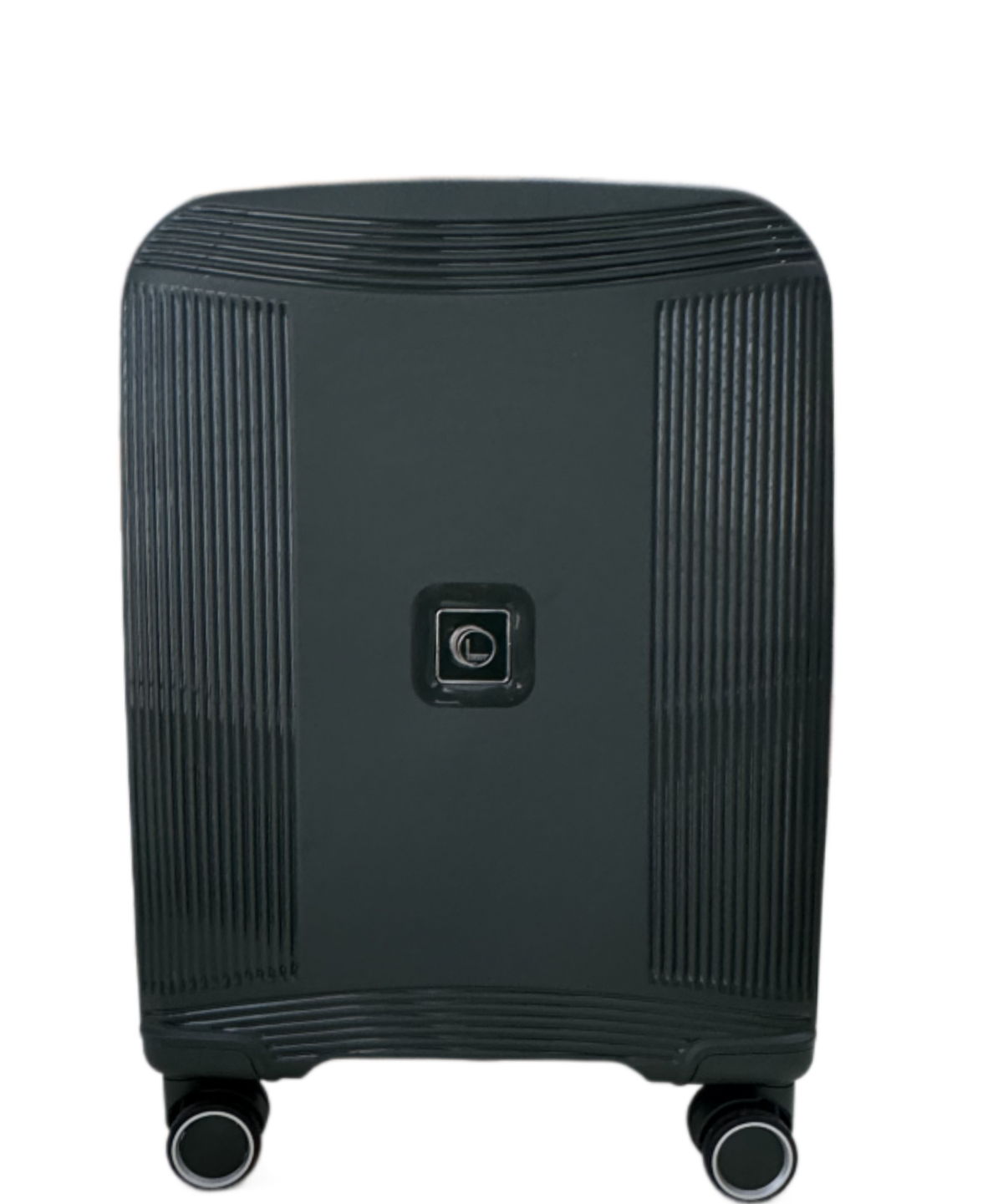 A dark gray hard-shell spinner suitcase with vertical ribbed side panels and a central electronic lock, shown against a plain white background.