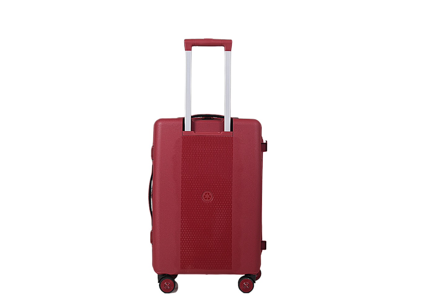 A red hard-shell spinner suitcase with an extended telescopic handle, shown from the front against a plain white background.
