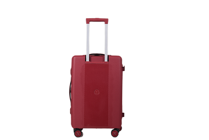 A red hard-shell spinner suitcase with an extended telescopic handle, shown from the front against a plain white background.