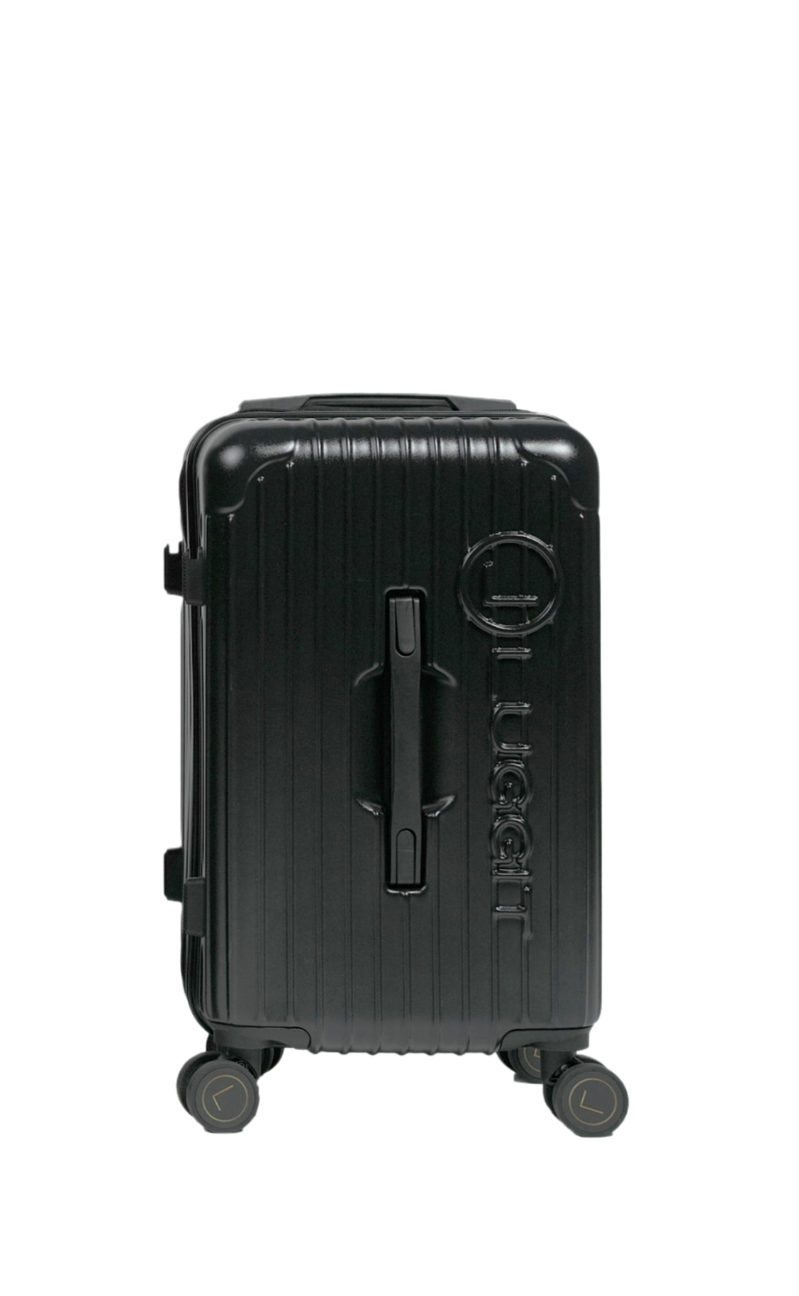 Black suitcase with 'Tumi' branding on a white background