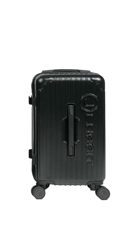 Black suitcase with 'Tumi' branding on a white background