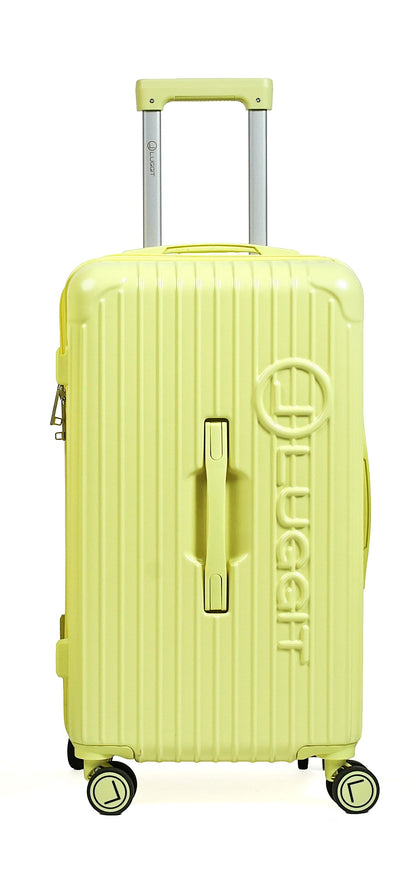 Yellow suitcase with 'LUGGAGE' branding on a white background