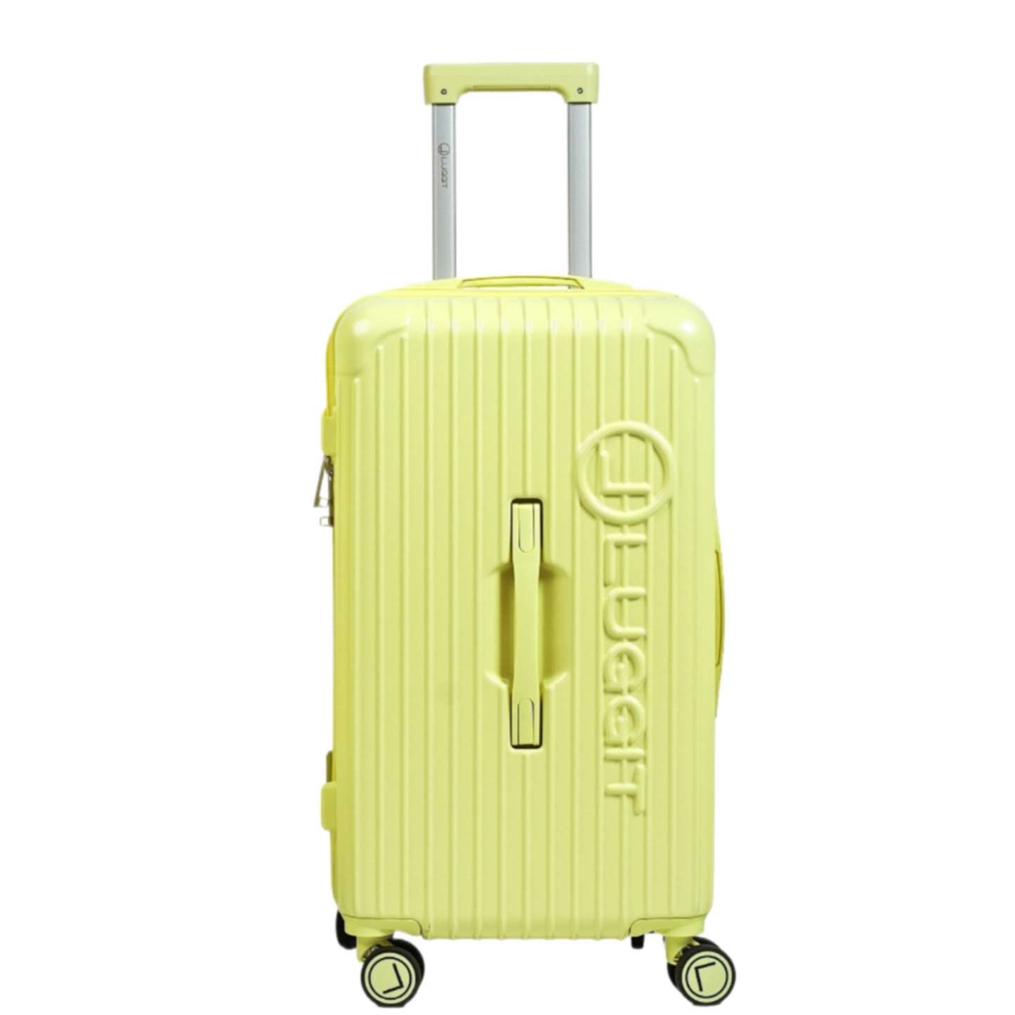 Yellow suitcase with 'LUGG' branding on a white background