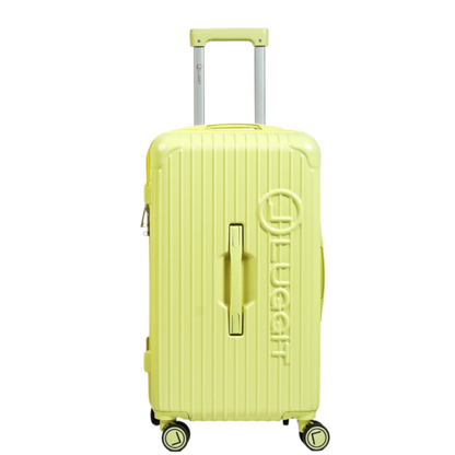 Yellow suitcase with 'LUGG' branding on a white background