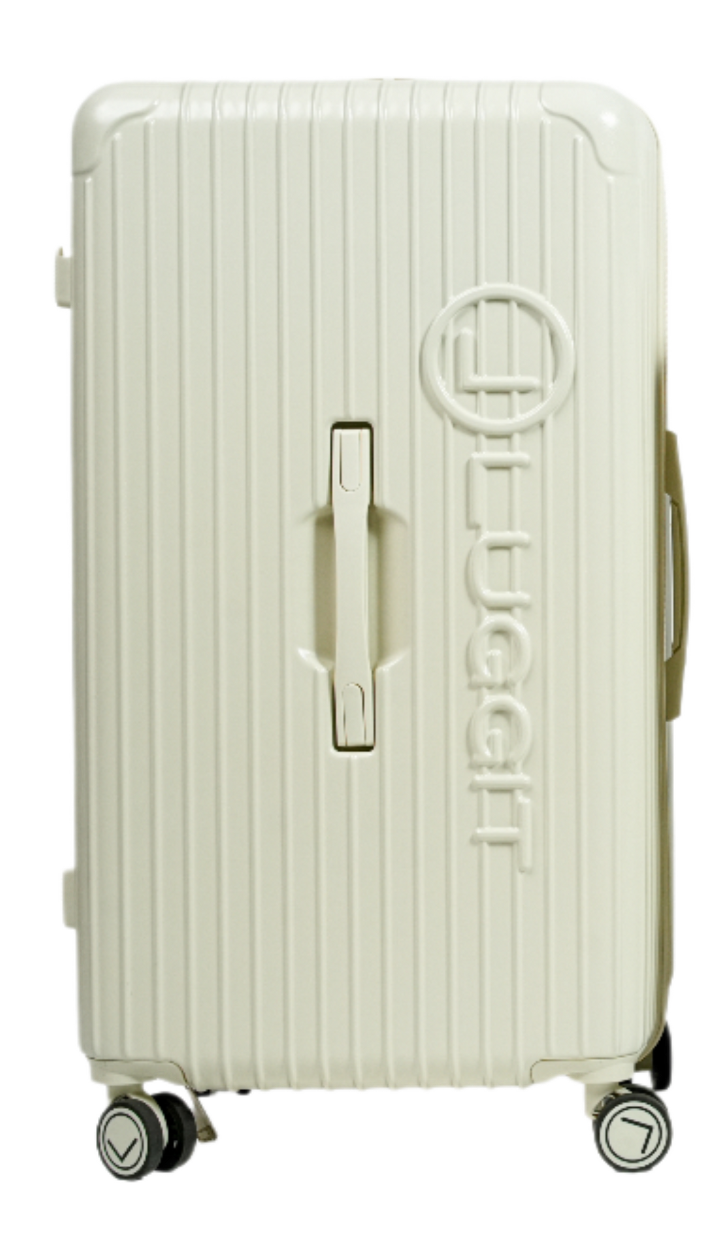White suitcase with a visible brand logo on a white background