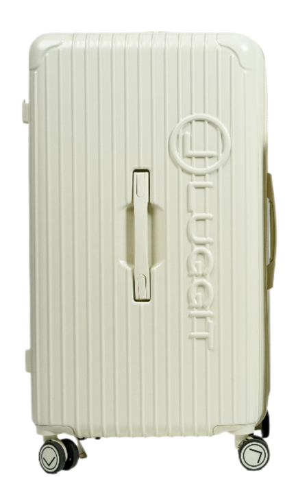 White suitcase with a visible brand logo on a white background