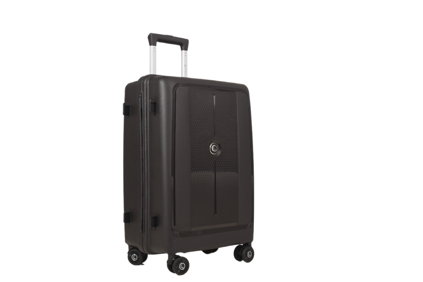 A dark gray hard-shell spinner suitcase with an extended telescopic handle, shown from a three-quarter angle against a plain white background.
