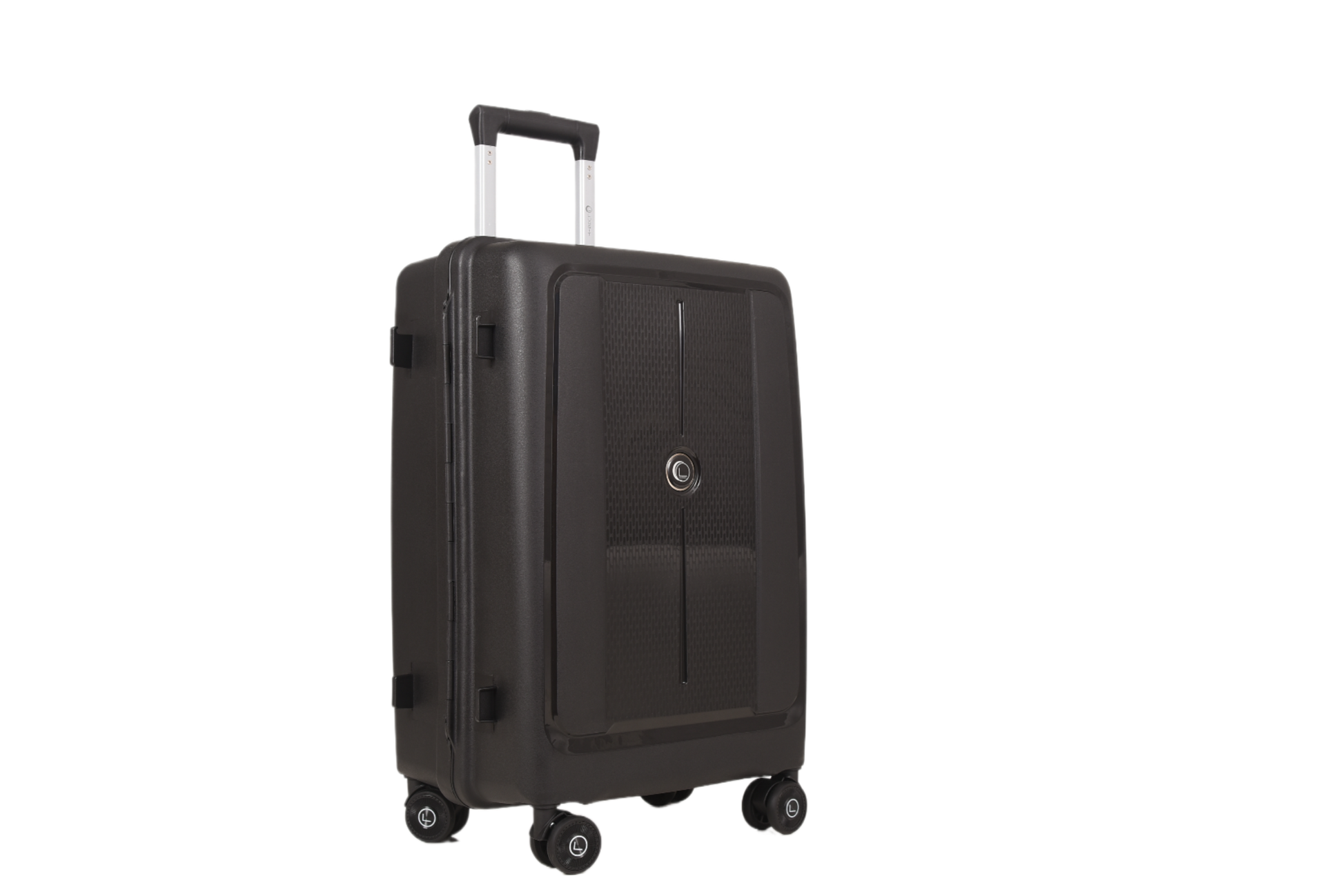 A dark gray hard-shell spinner suitcase with an extended telescopic handle, shown from a three-quarter angle against a plain white background.
