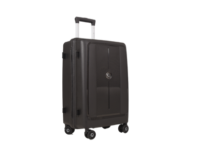 A dark gray hard-shell spinner suitcase with an extended telescopic handle, shown from a three-quarter angle against a plain white background.