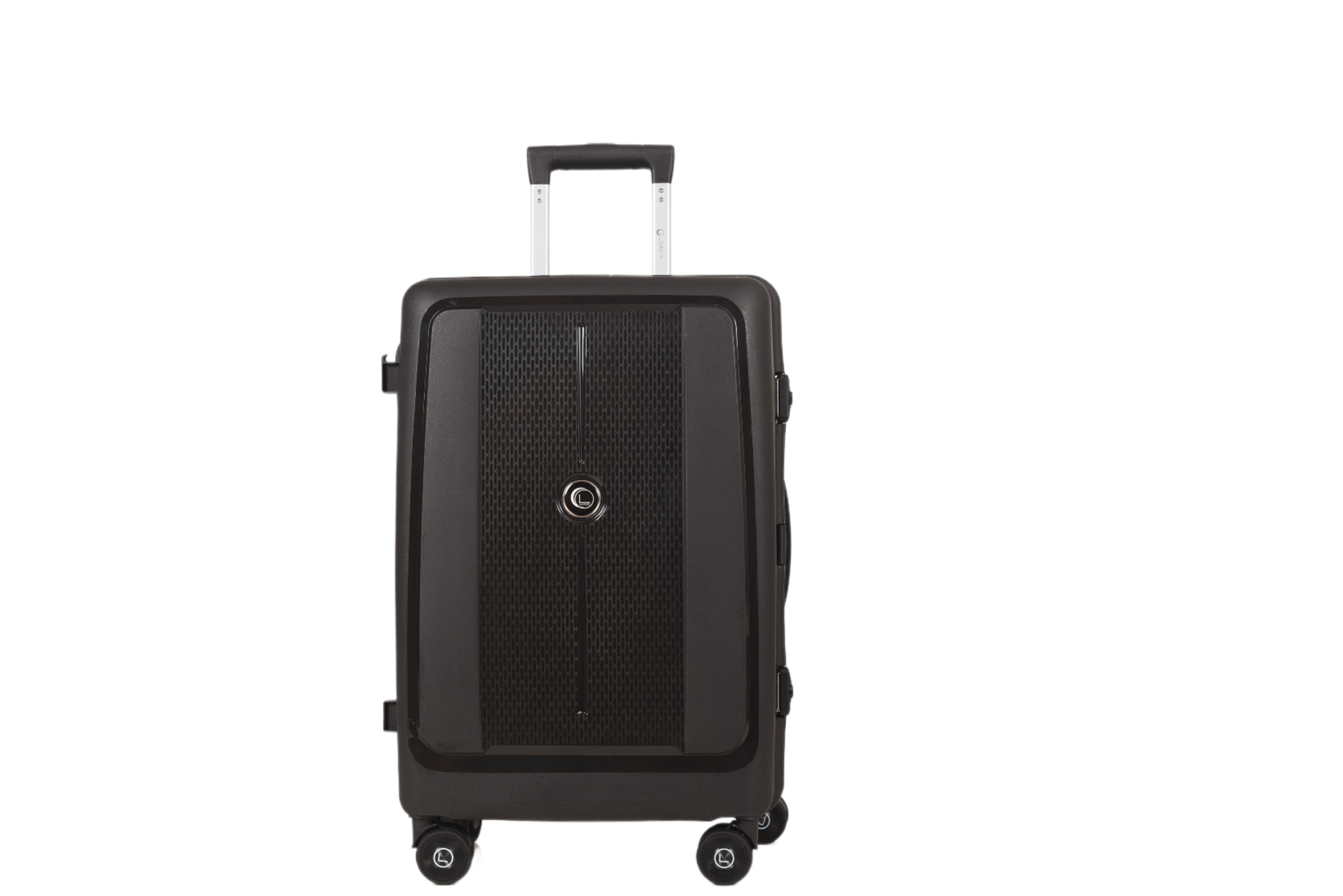 A black hard-shell spinner suitcase with an extended telescopic handle and four wheels, shown from the front against a plain white background.