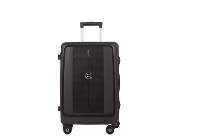 A black hard-shell spinner suitcase with an extended telescopic handle and four wheels, shown from the front against a plain white background.