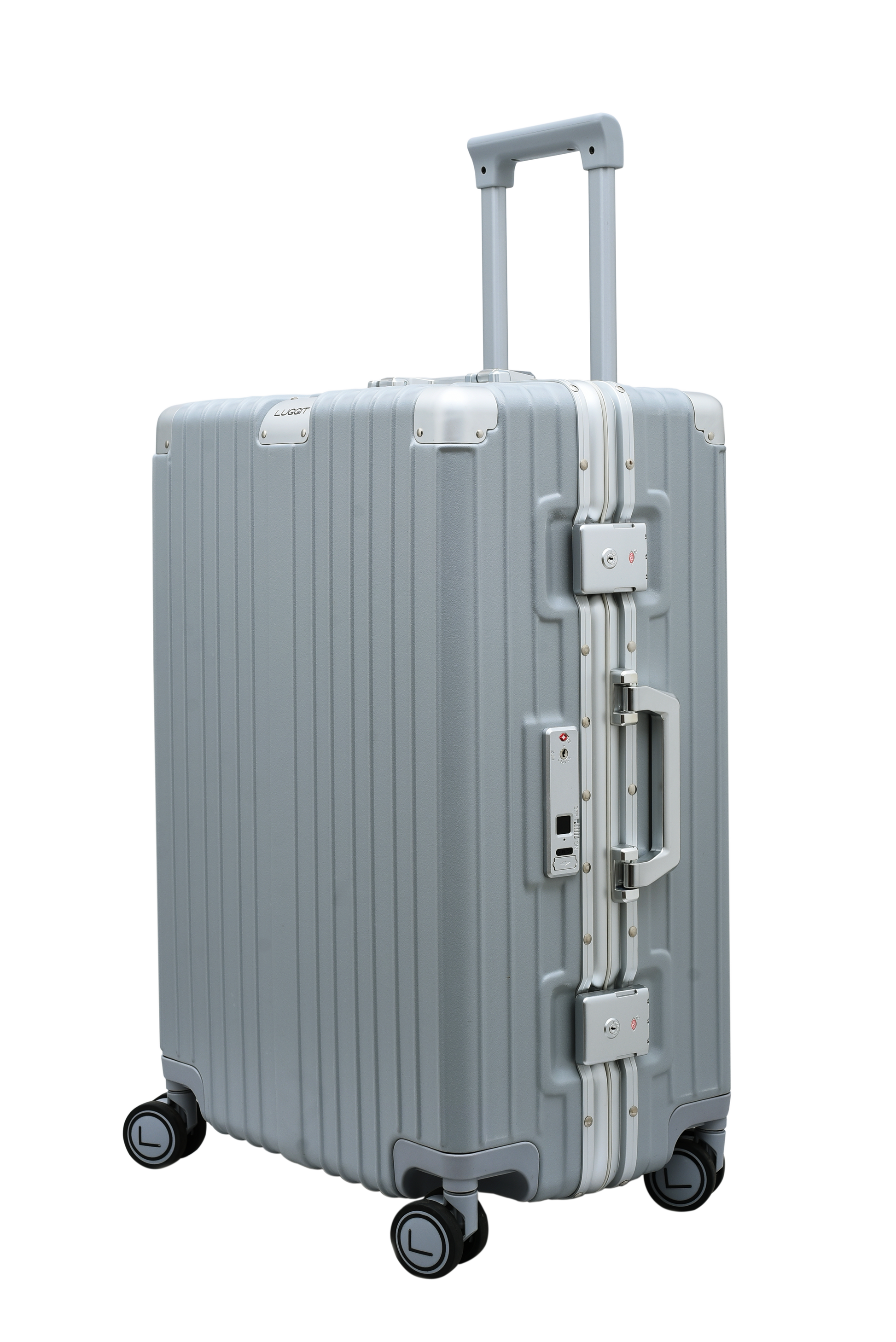Silver suitcase with wheels and handle on a white background luggit