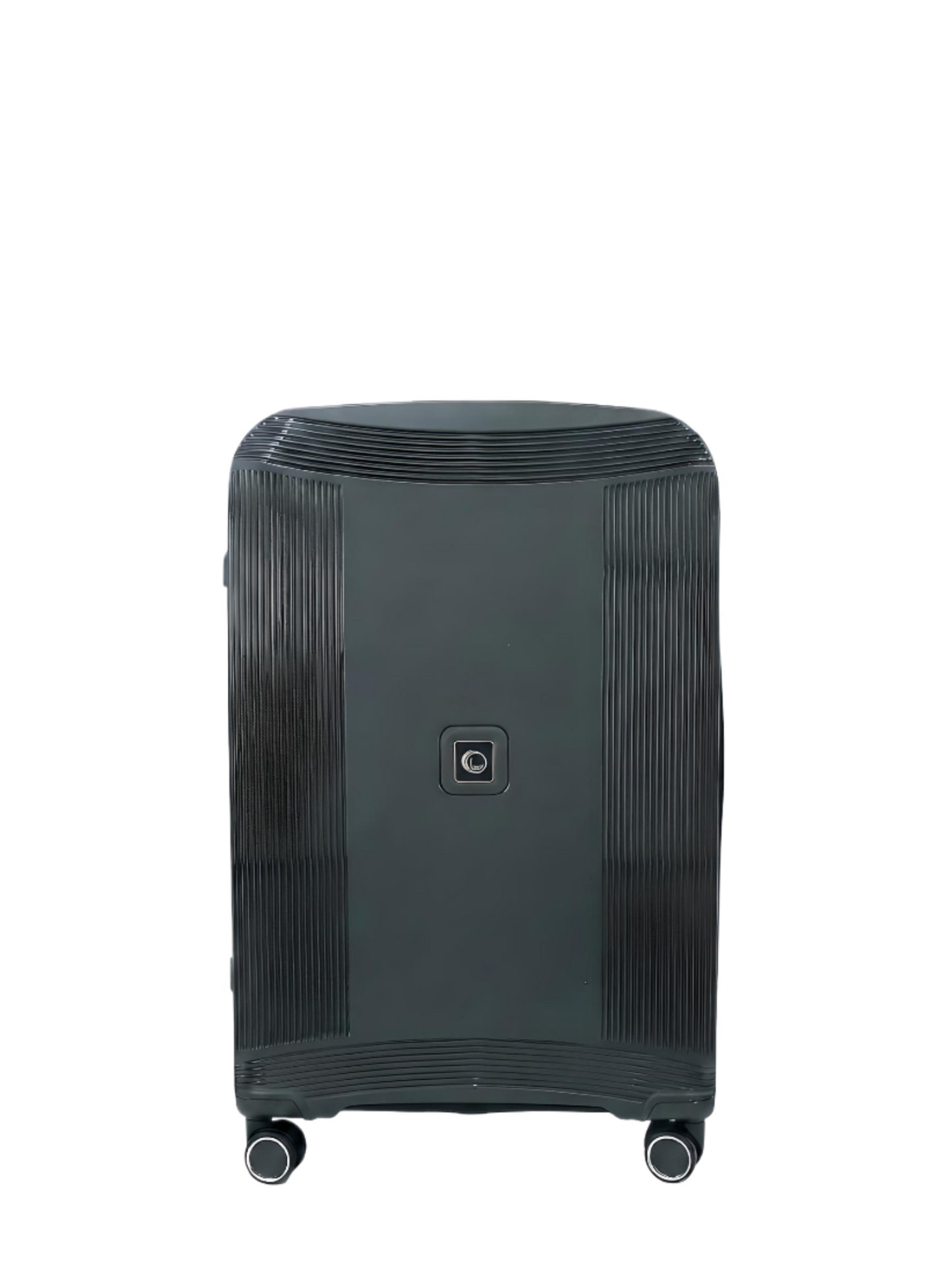 A dark gray hard-shell spinner suitcase with a textured, ribbed design and a square brand logo on the front, isolated on a white background.