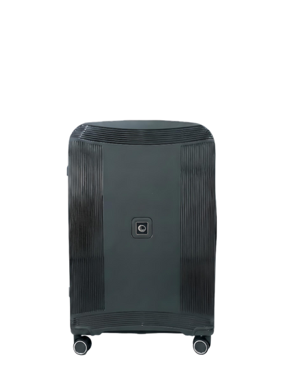 A dark gray hard-shell spinner suitcase with a textured, ribbed design and a square brand logo on the front, isolated on a white background.