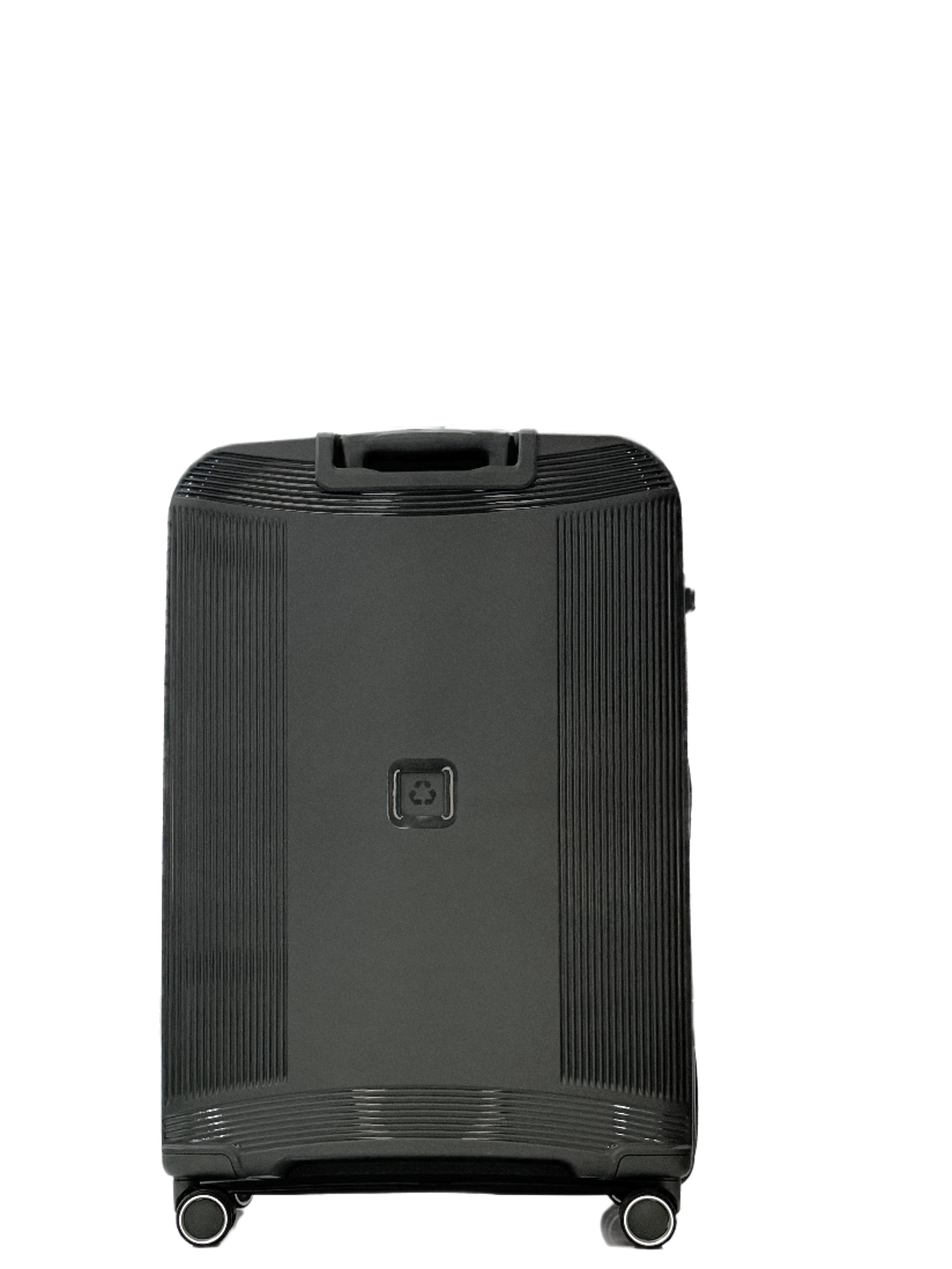 A black hard-shell spinner suitcase with a textured vertical rib design, a central lockable compartment, and a small square logo plate on the front, shown against a plain white background.