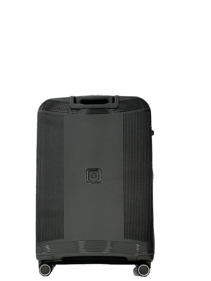 A black hard-shell spinner suitcase with a textured vertical rib design, a central lockable compartment, and a small square logo plate on the front, shown against a plain white background.
