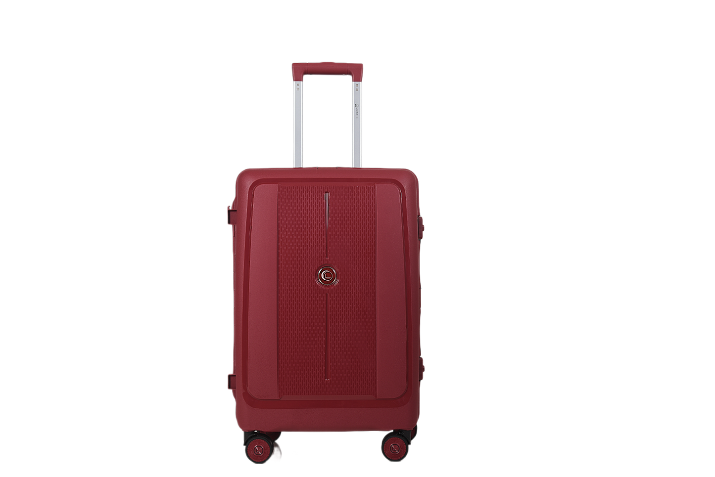 A red hard-shell spinner suitcase with an extended telescopic handle, shown against a plain white background.