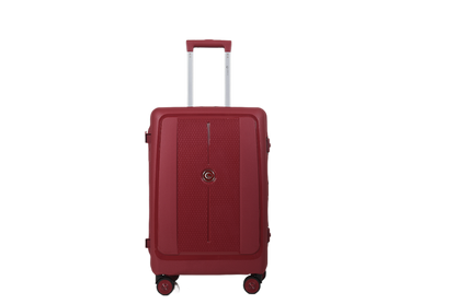 A red hard-shell spinner suitcase with an extended telescopic handle, shown against a plain white background.