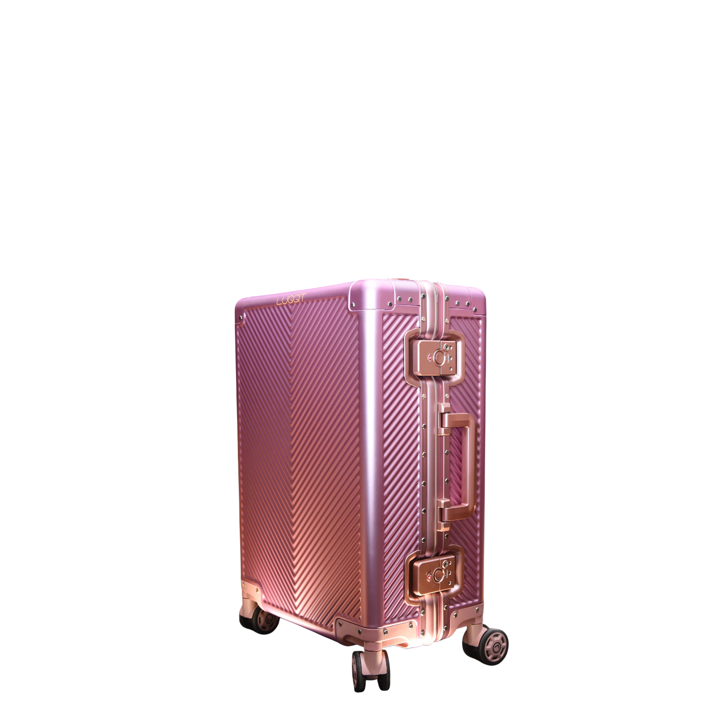 Pink suitcase with gold accents on a white background