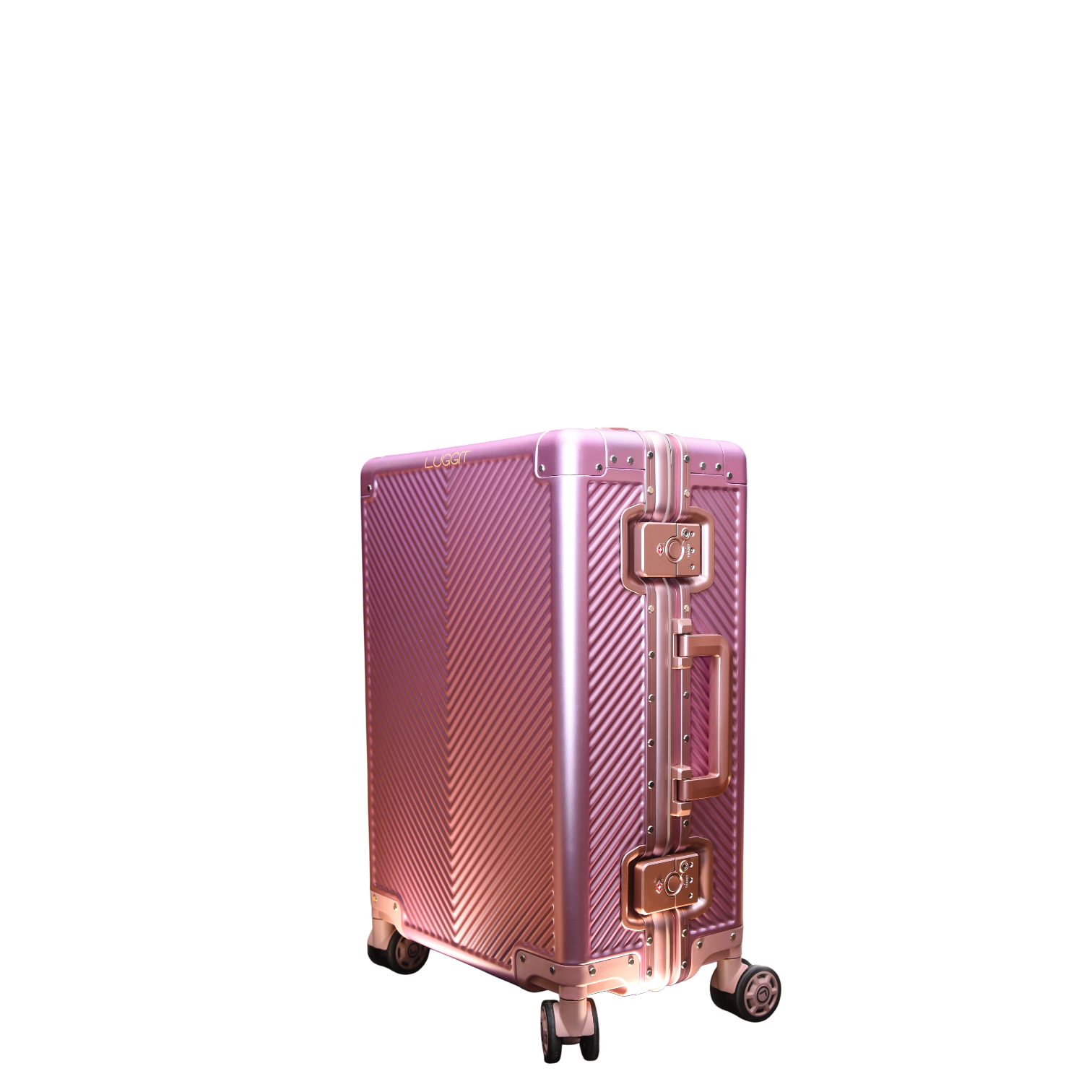 Pink suitcase with gold accents on a white background
