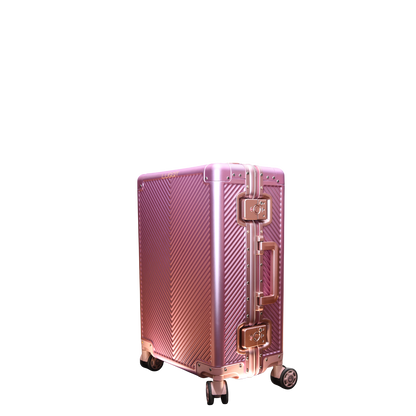 Pink suitcase with gold accents on a white background