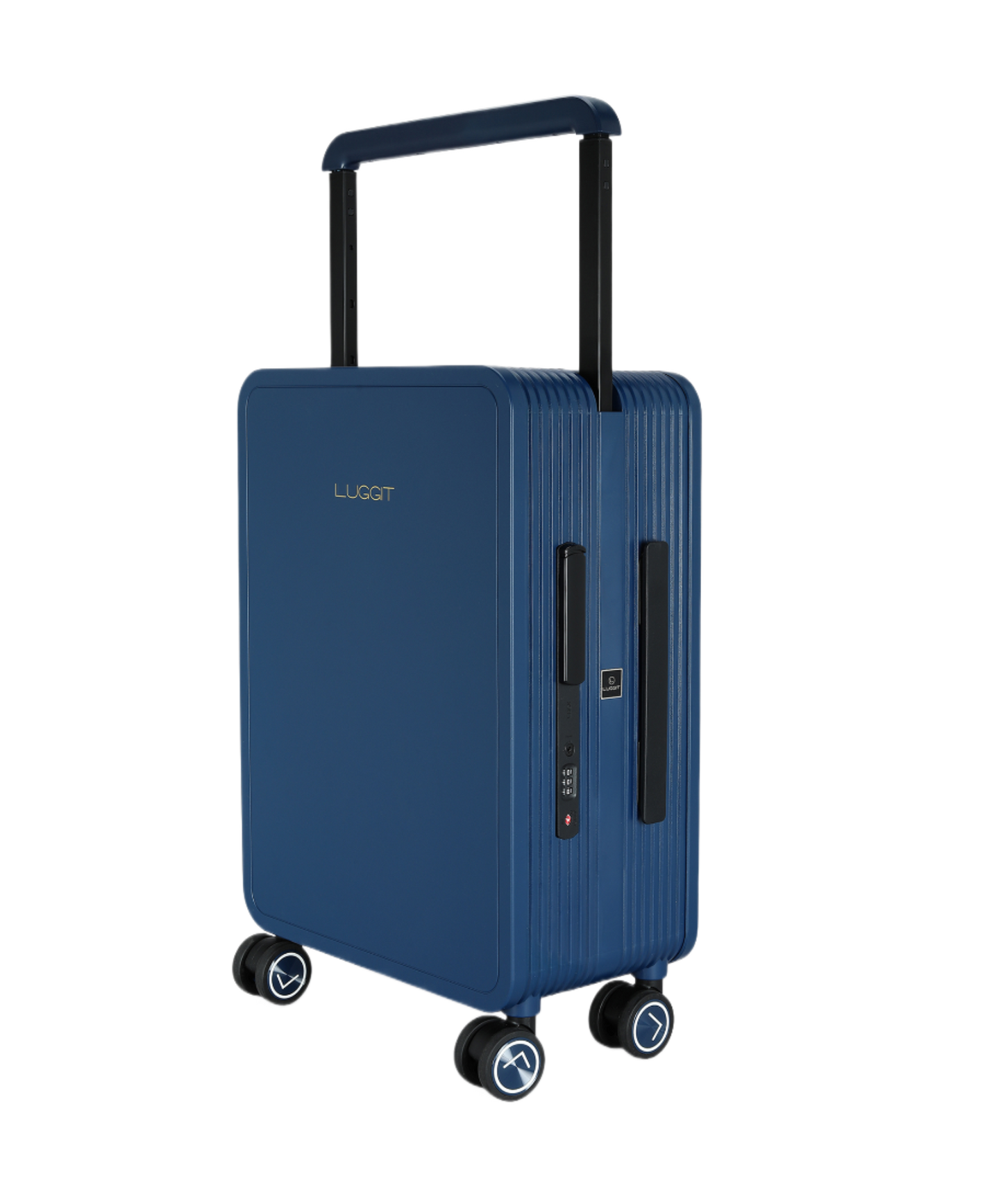 Blue suitcase with black handle and luggit