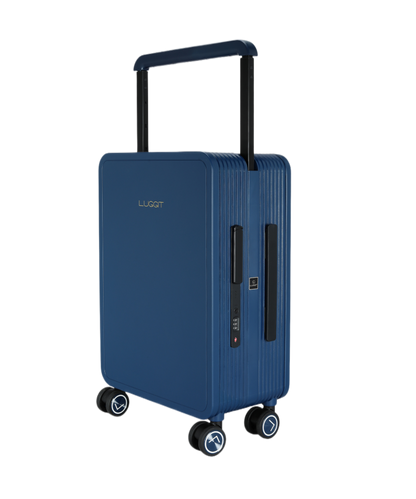 Blue suitcase with black handle and luggit