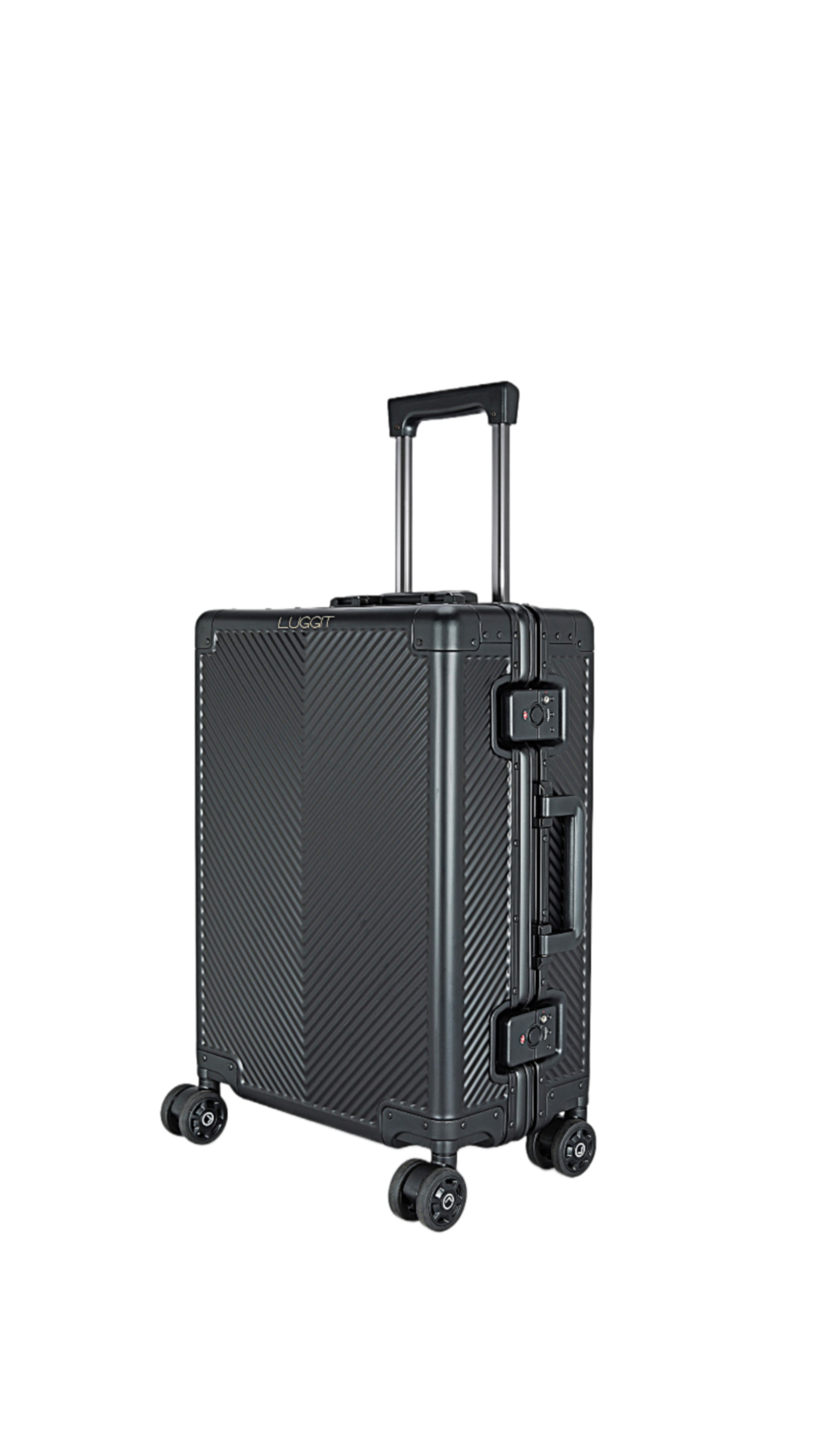 Black suitcase with a textured surface on a white background