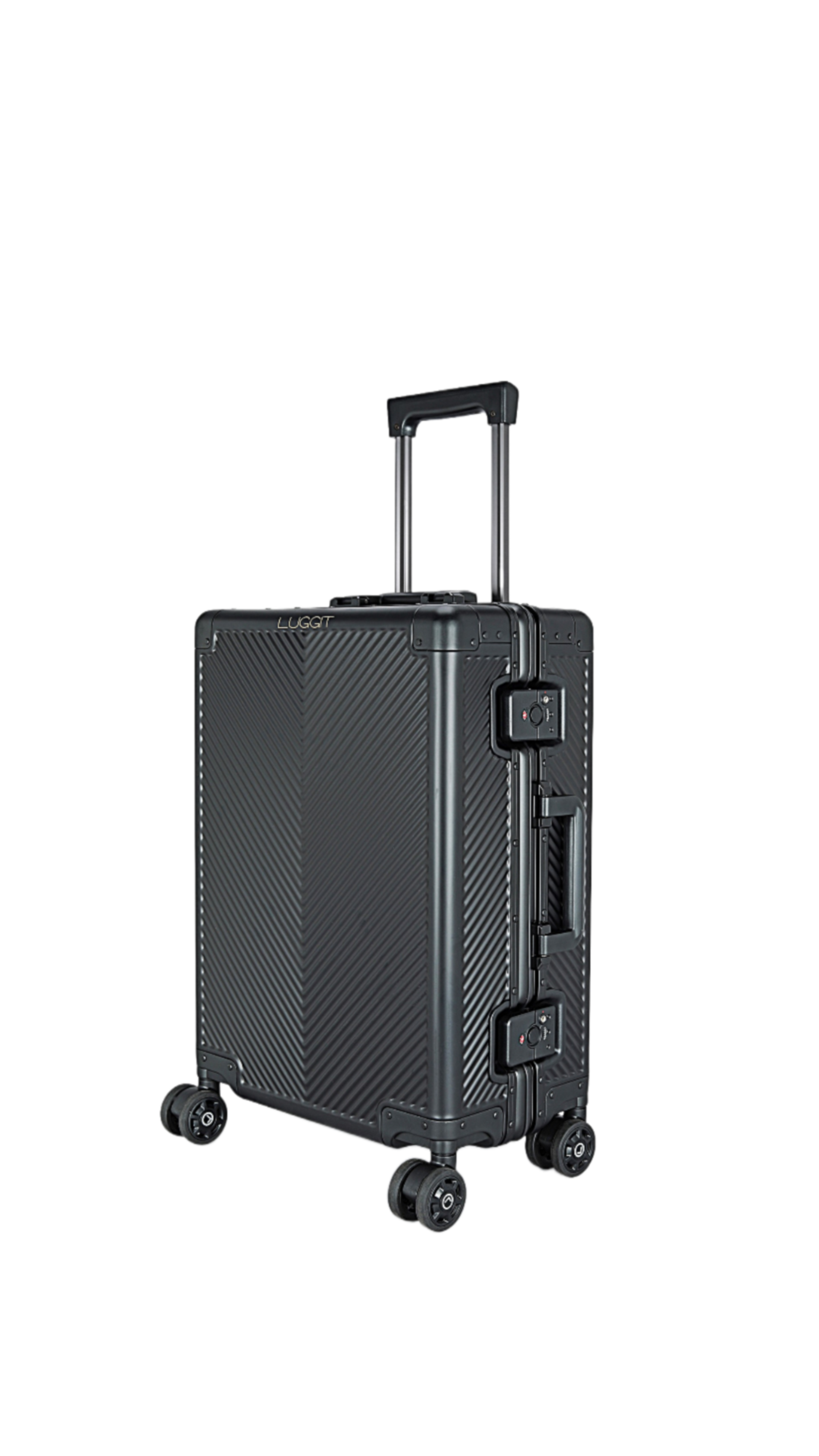Black suitcase with a textured surface on a white background