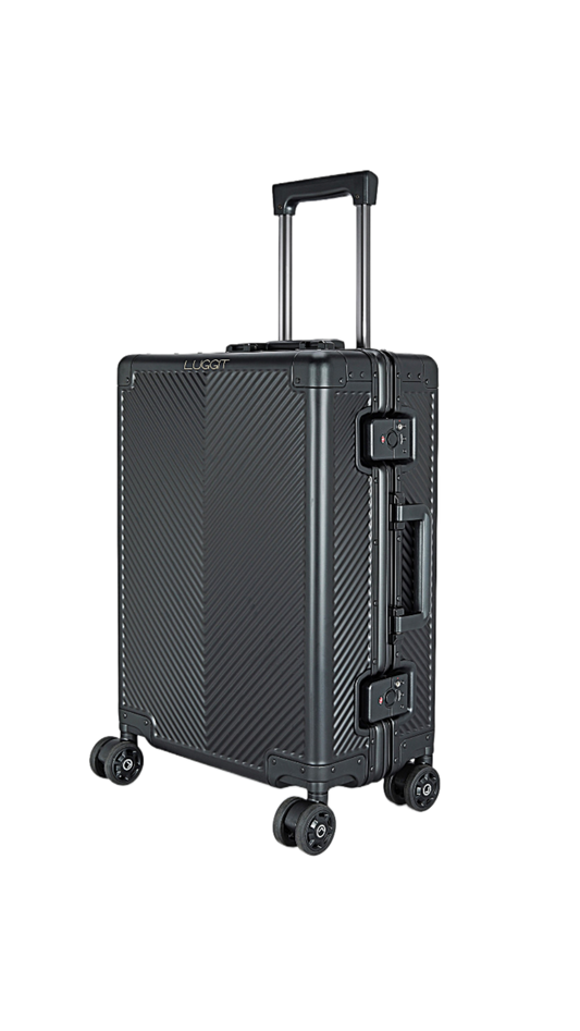 Black suitcase with a textured surface on a white background