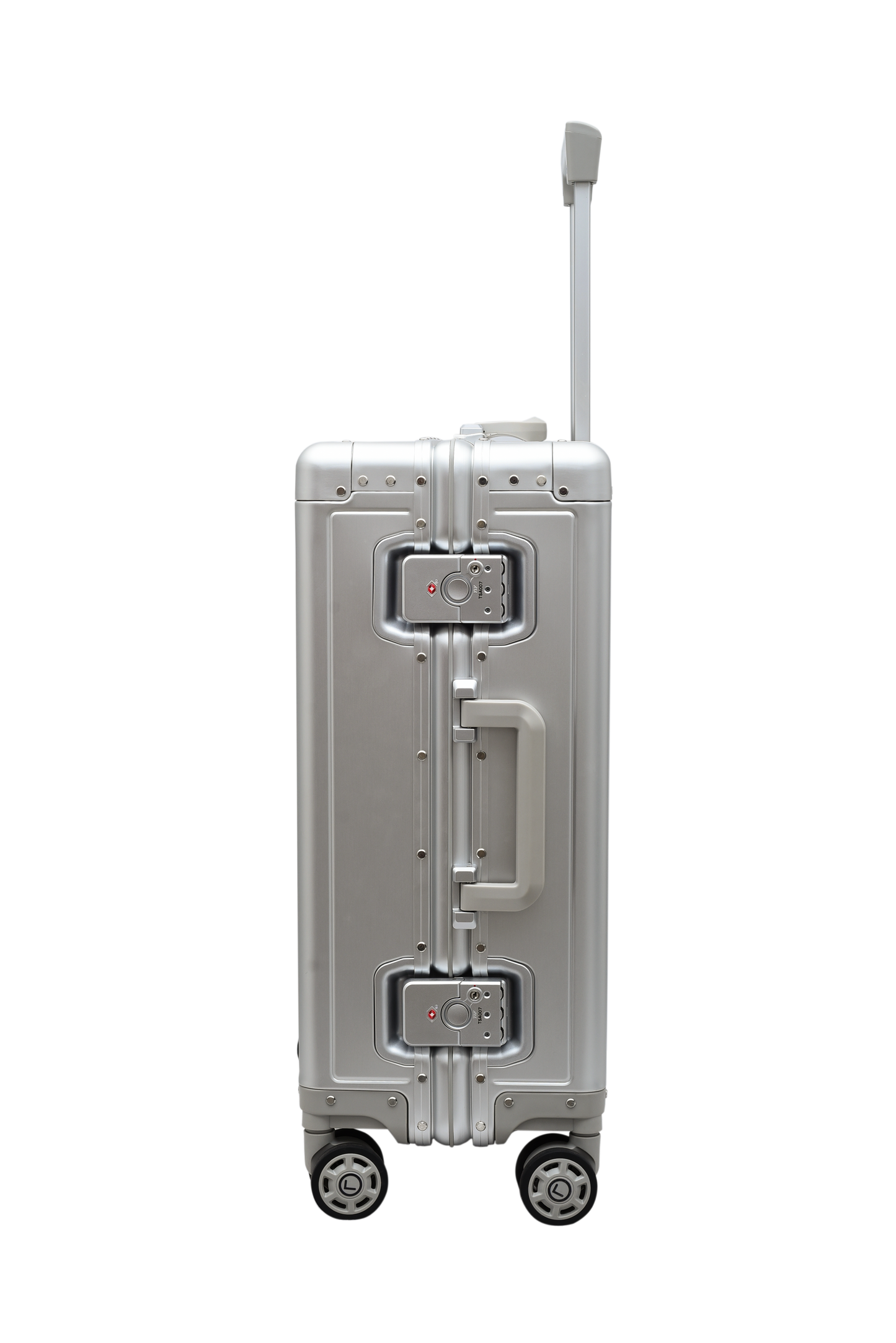 Silver suitcase with wheels and handle on a white background