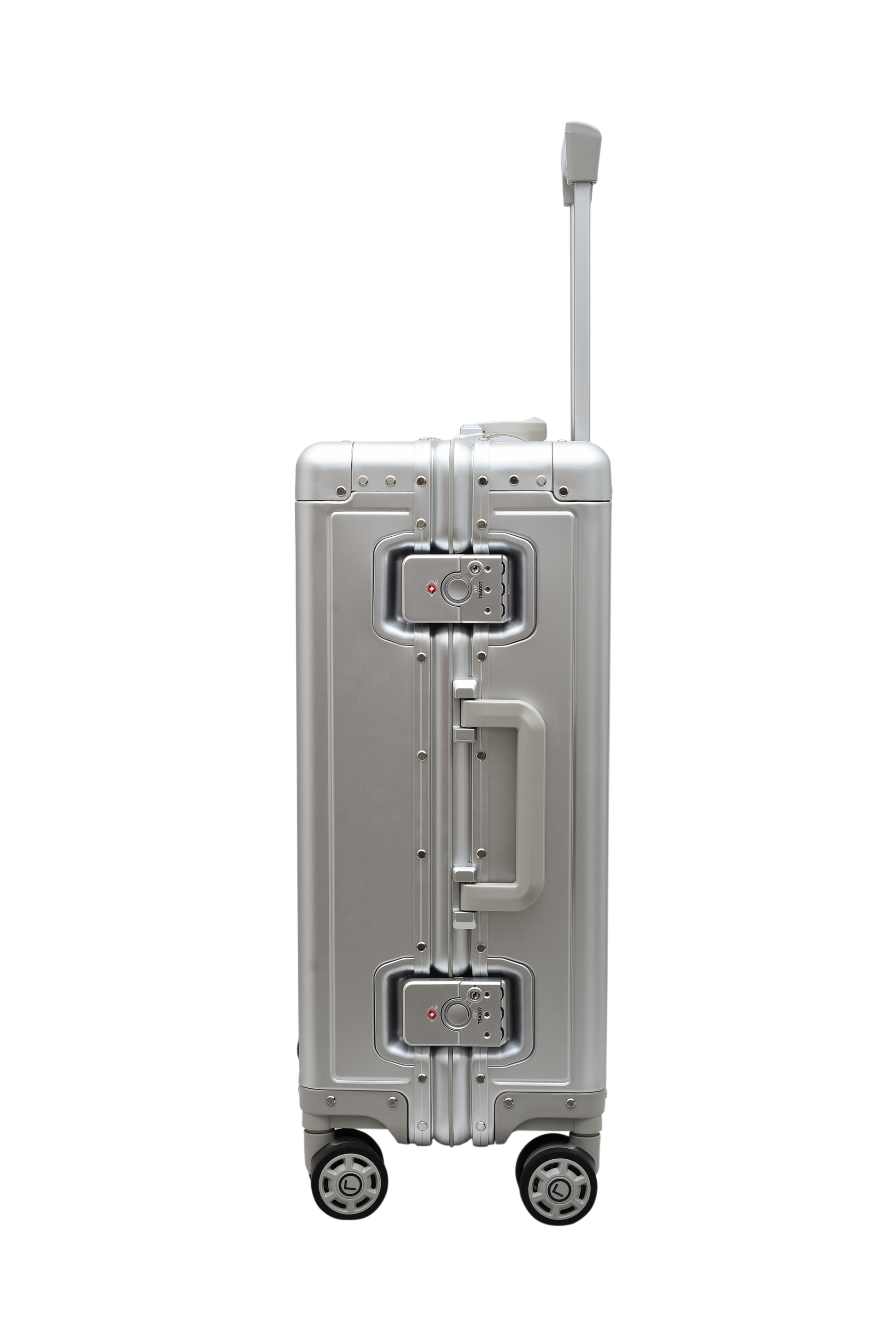 Silver suitcase with wheels and handle on a white background