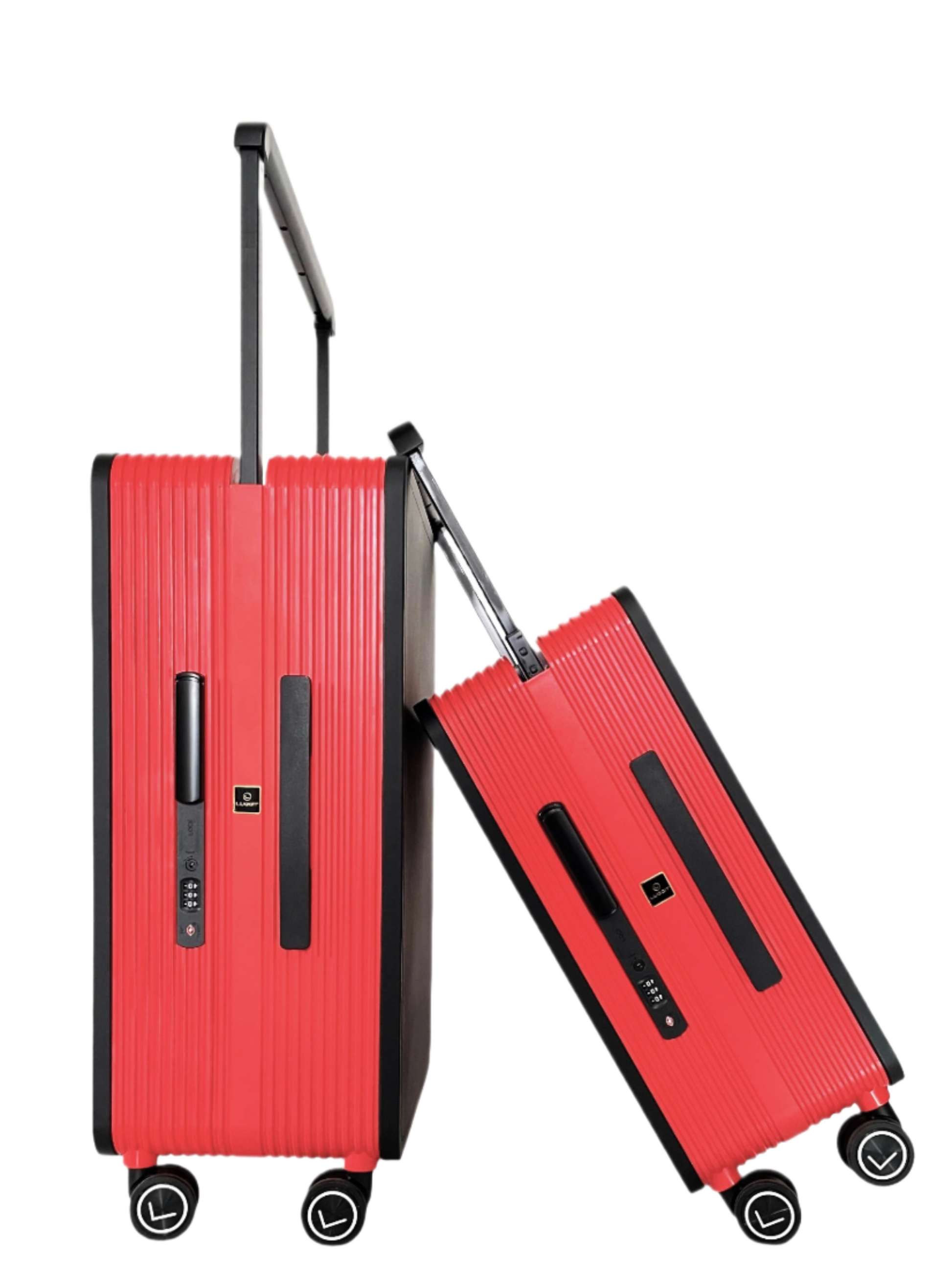 Two red suitcases with black handles and luggit