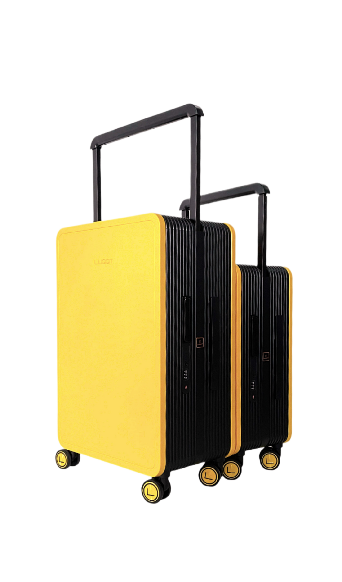 Yellow and black suitcase with wheels on a white background