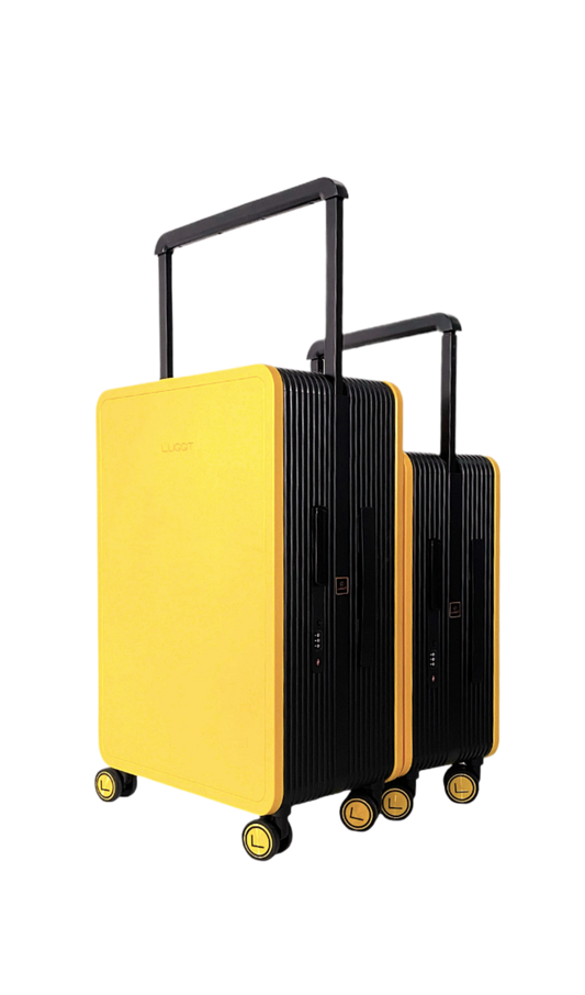 Yellow and black suitcase with wheels on a white background