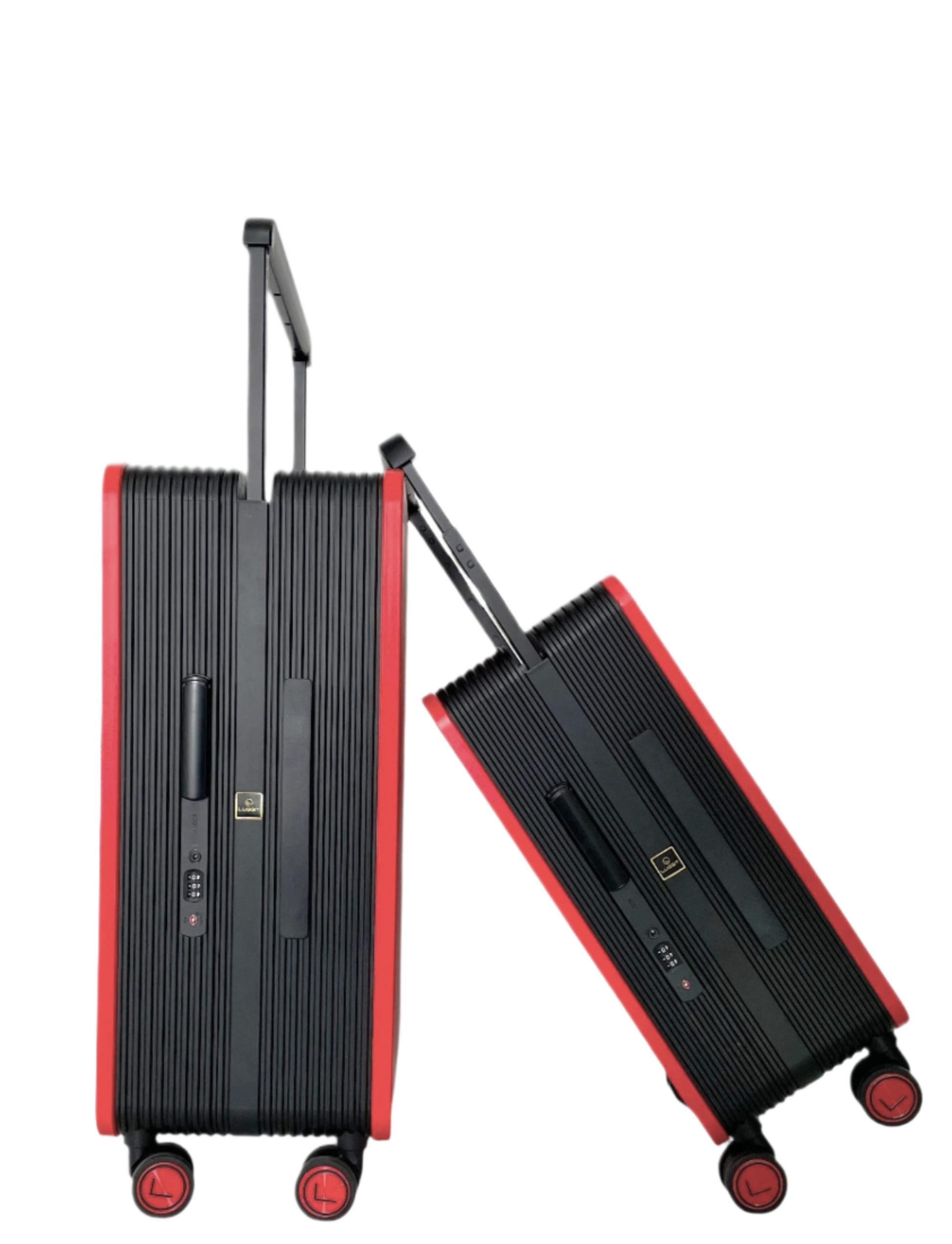 Two black suitcases with red accents luggit