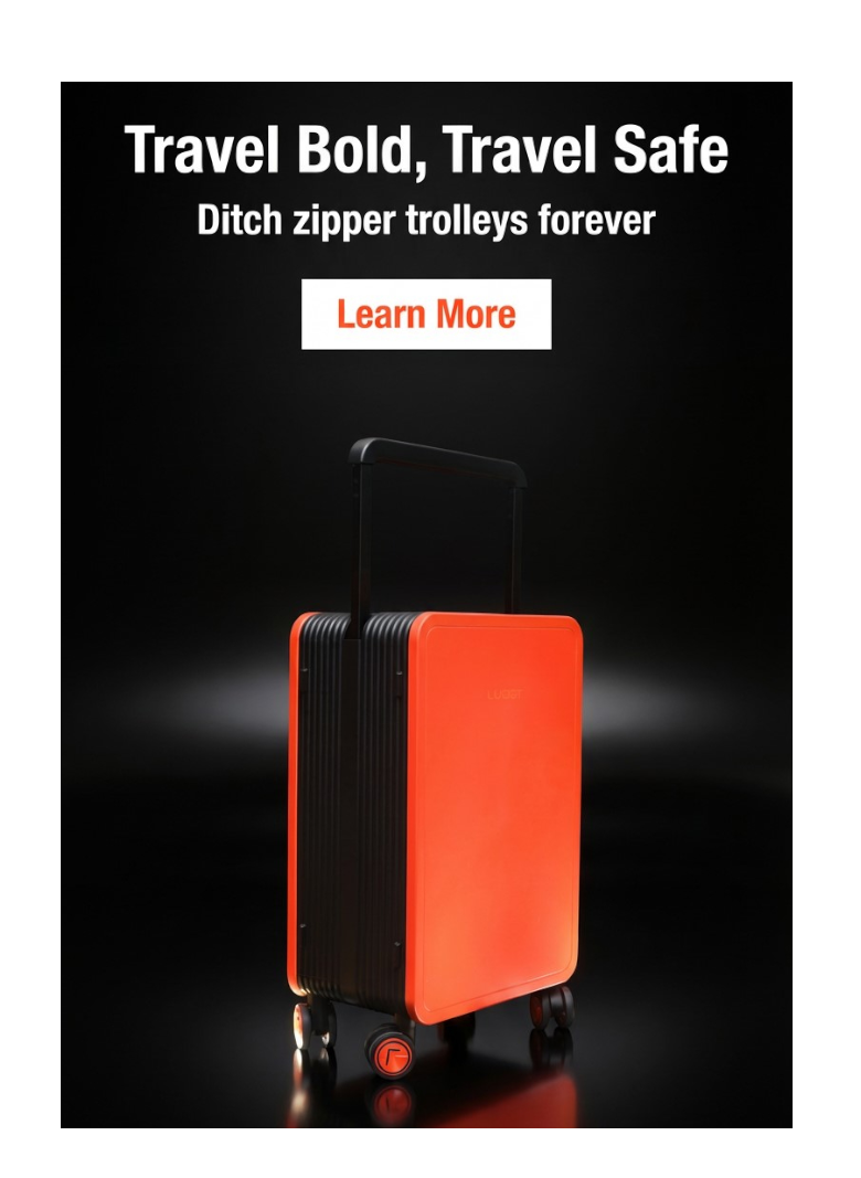 Orange suitcase on a black background with promotional text.