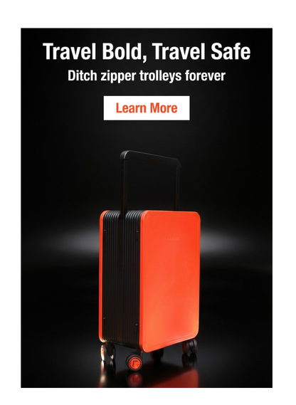 Orange suitcase on a black background with promotional text.