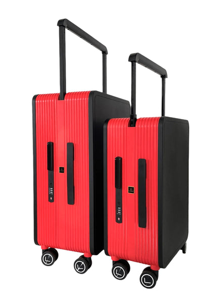 A set of two Luggit Premium Plus suitcases, one 20 inch cabin size and one 24 inch check-in size, in dual tone black and red.
