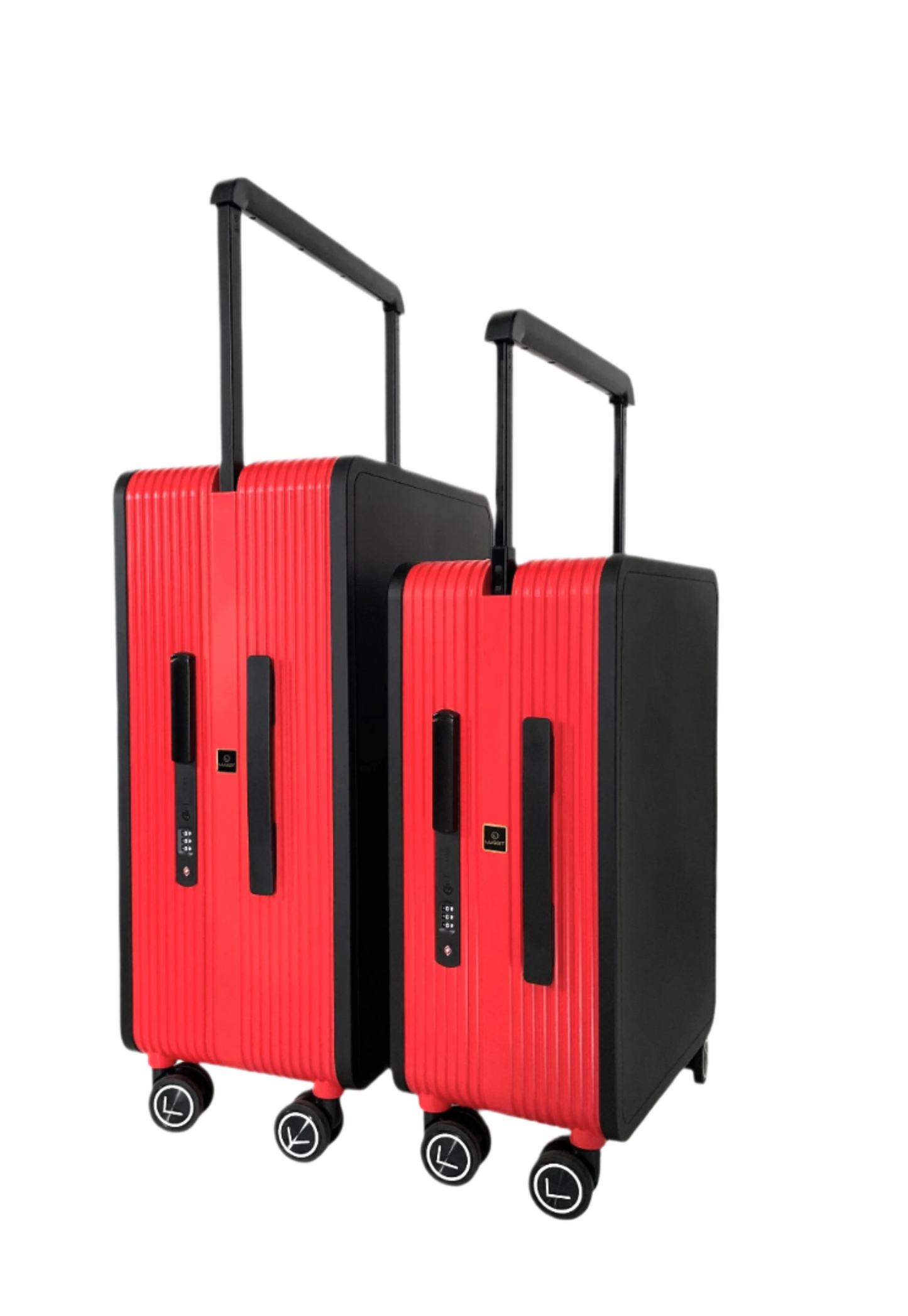 Two red suitcases with black handles and wheels on a white background