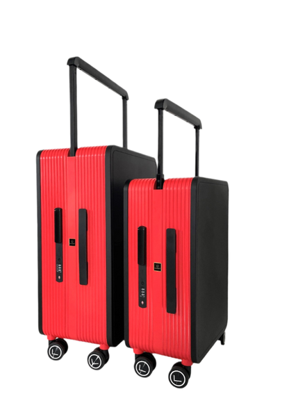 Two red suitcases with black handles and wheels on a white background