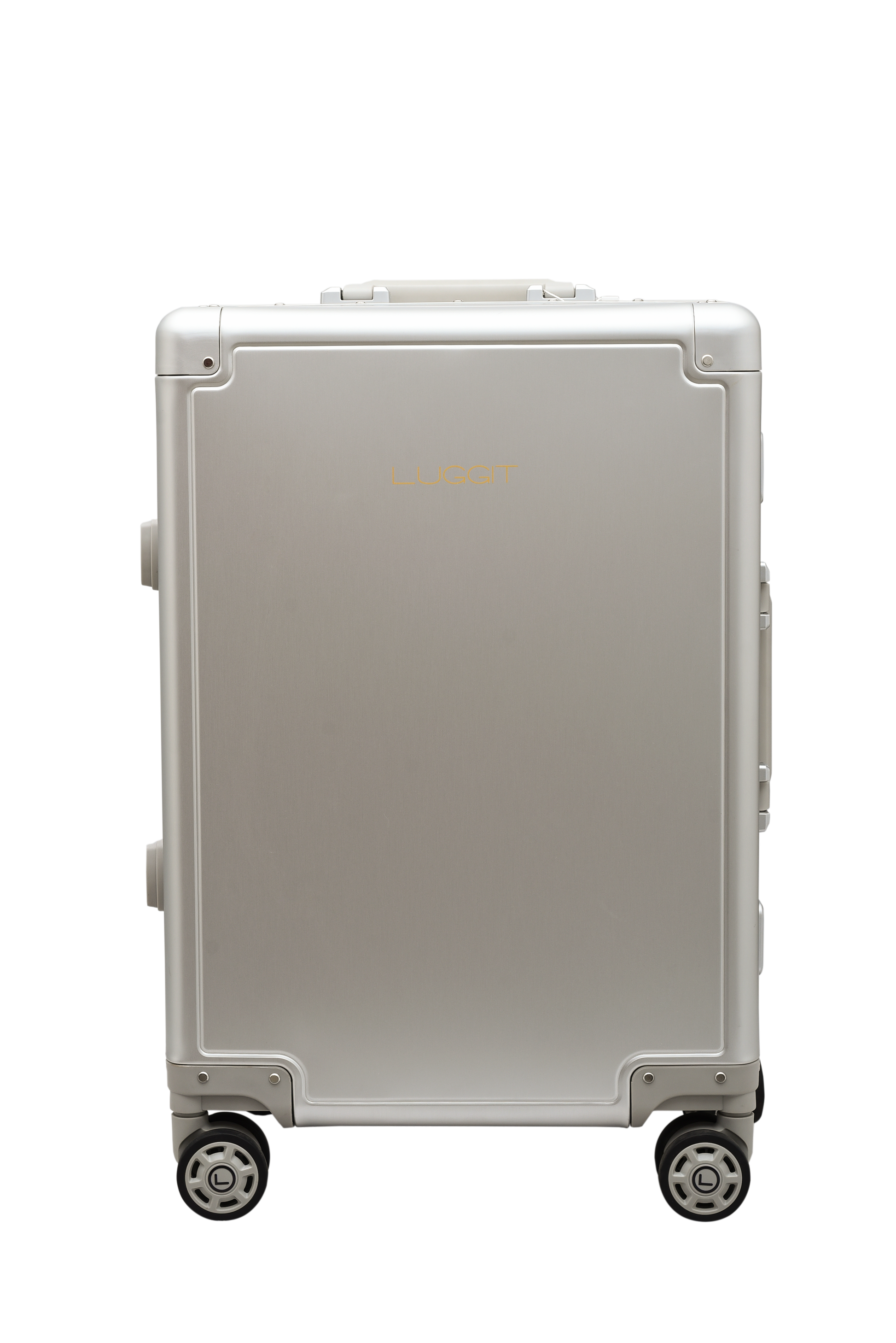 Silver suitcase with wheels on a white background