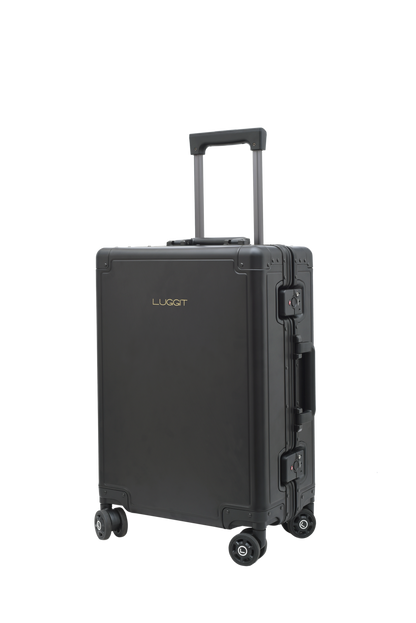 Black suitcase with wheels and handle on a white background