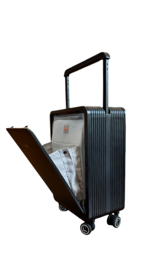 Black suitcase with open front compartment luggit