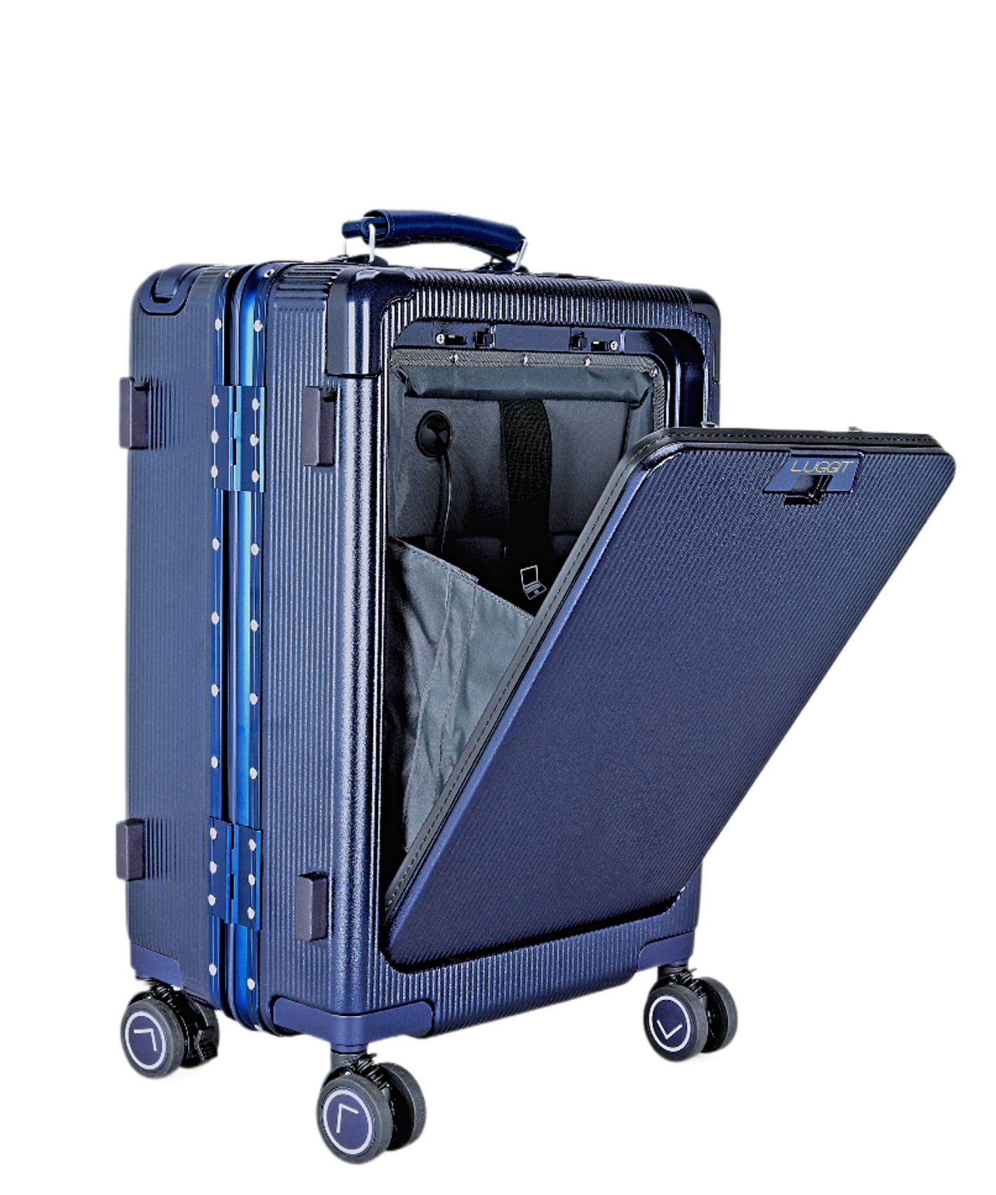 Blue suitcase with a transparent side panel on a white background