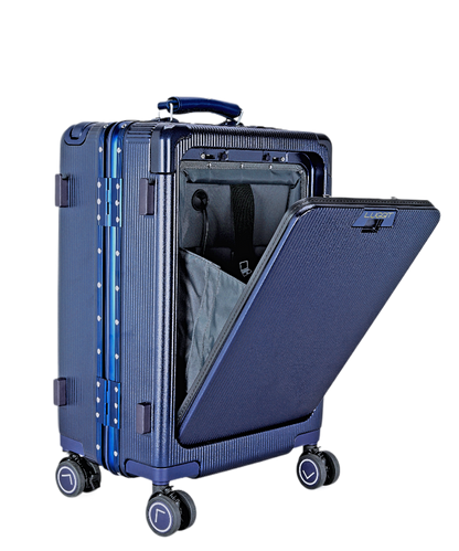 Blue suitcase with a transparent side panel on a white background