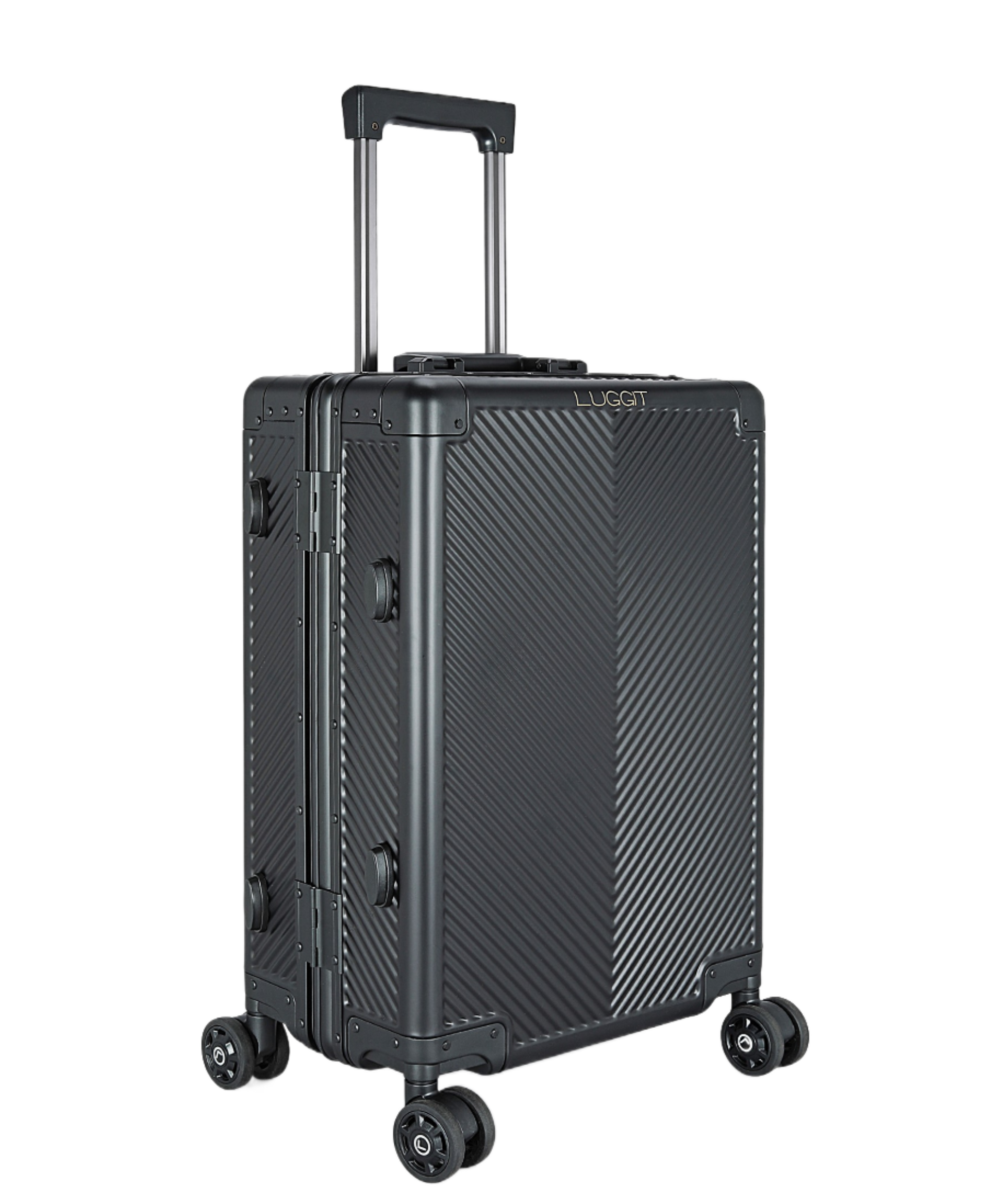 Black suitcase with a textured surface on a white background