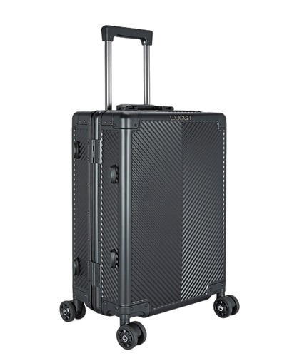 Black suitcase with a textured surface on a white background