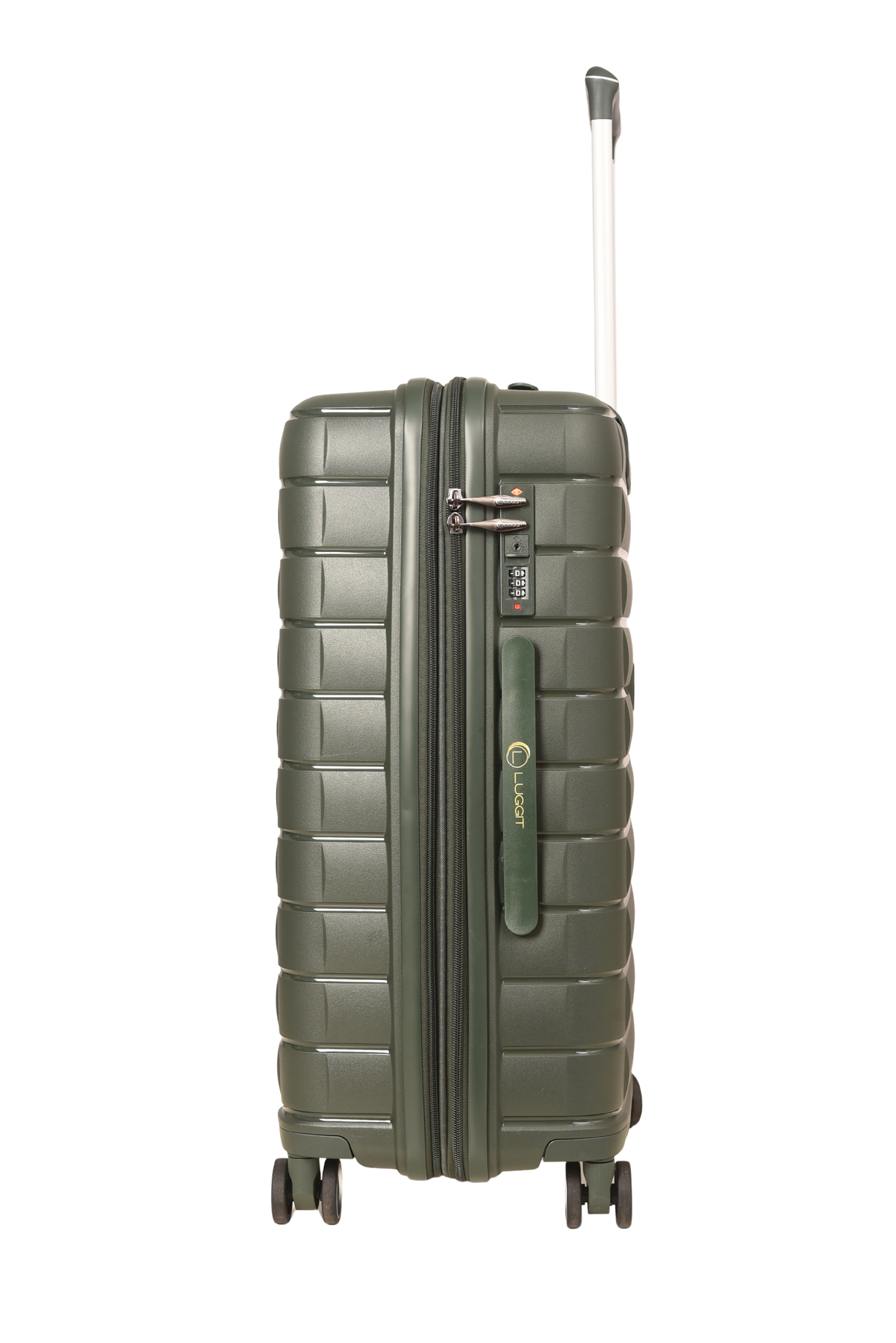 A hard-shell spinner suitcase in olive green with a textured, quilted vertical panel design, a matching green telescoping handle, and a white telescoping handle extended upwards, shown against a plain white background.